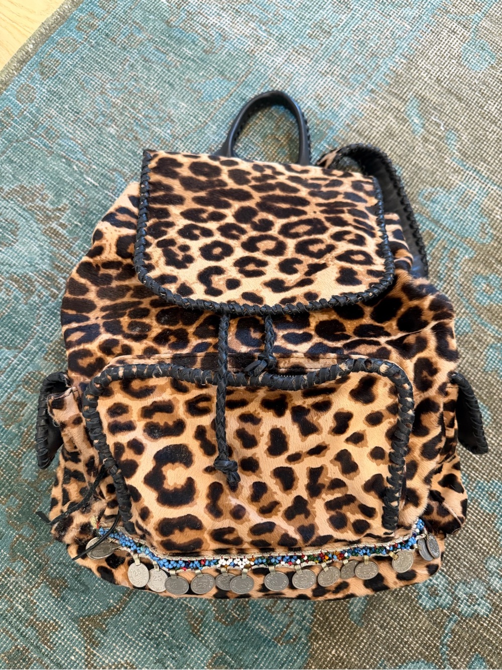 Leopard Print Accent Backpack with Coin Trim - Brown/Black